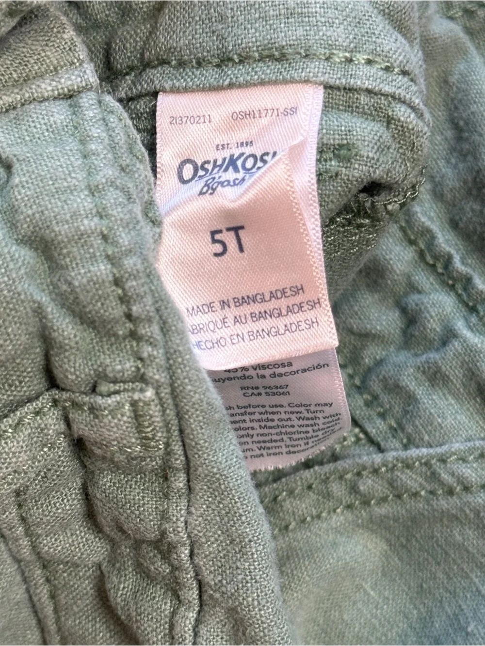 OshKosh B'gosh Linen Viscose Toddler Girls Army Green Shortall Overalls Size 5T
